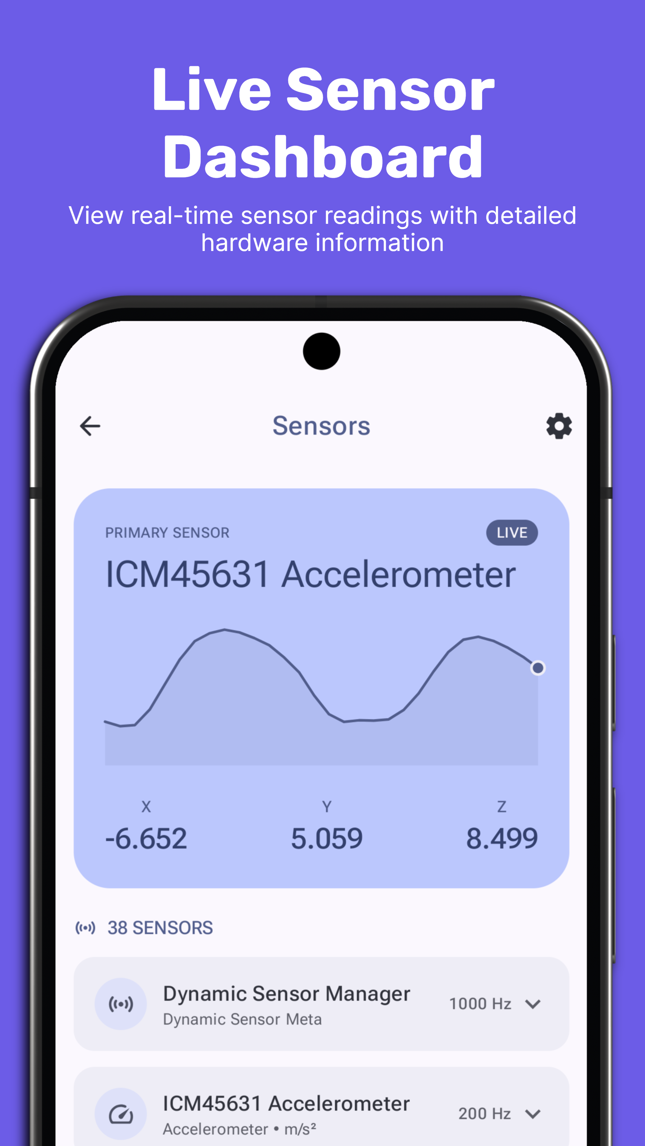 Device Info Sensors screen with a live accelerometer chart and list of onboard sensors