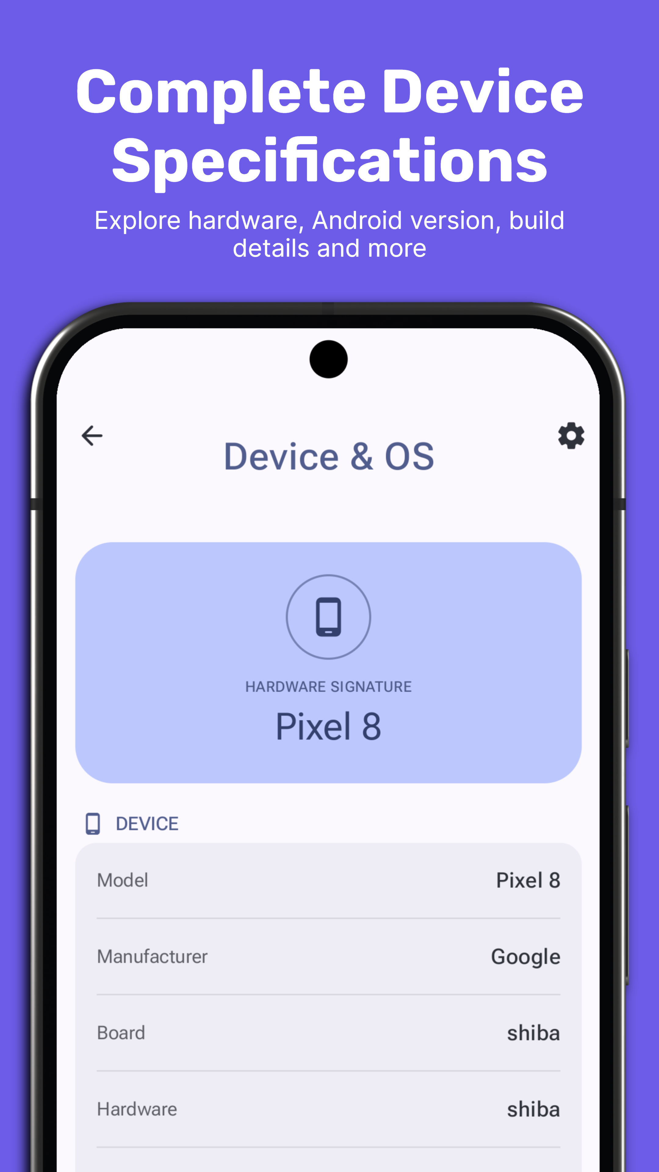 Pixel Device Info Device & OS screen listing model, manufacturer, board, and hardware details