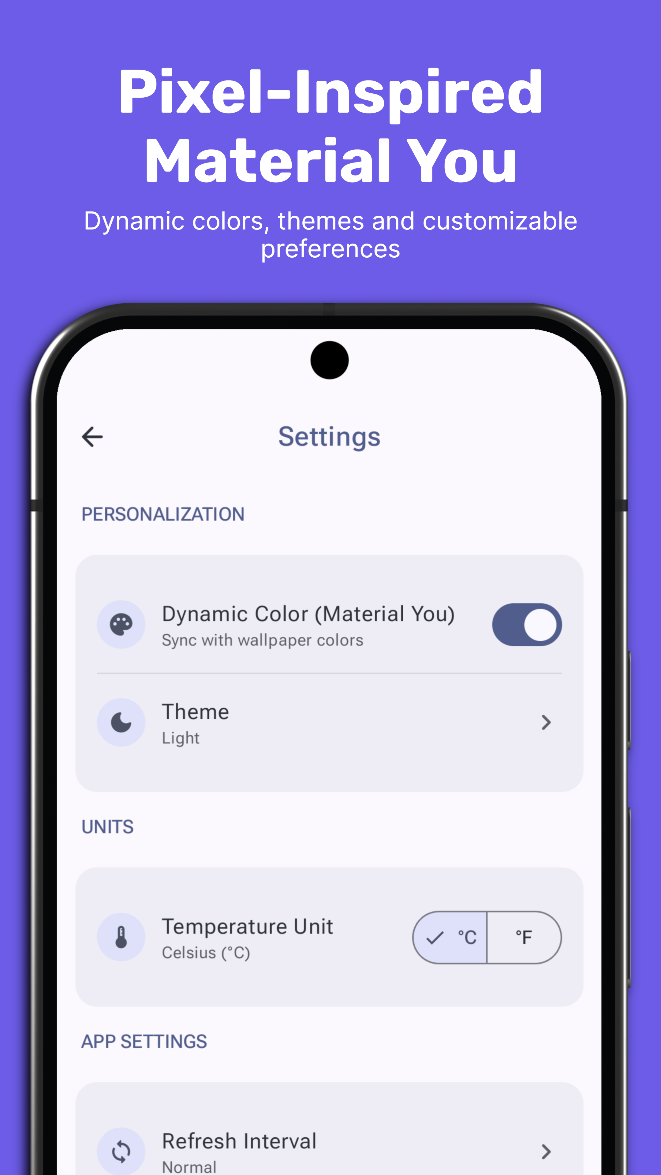 Pixel Device Info Settings screen with dynamic color, theme, and unit preferences