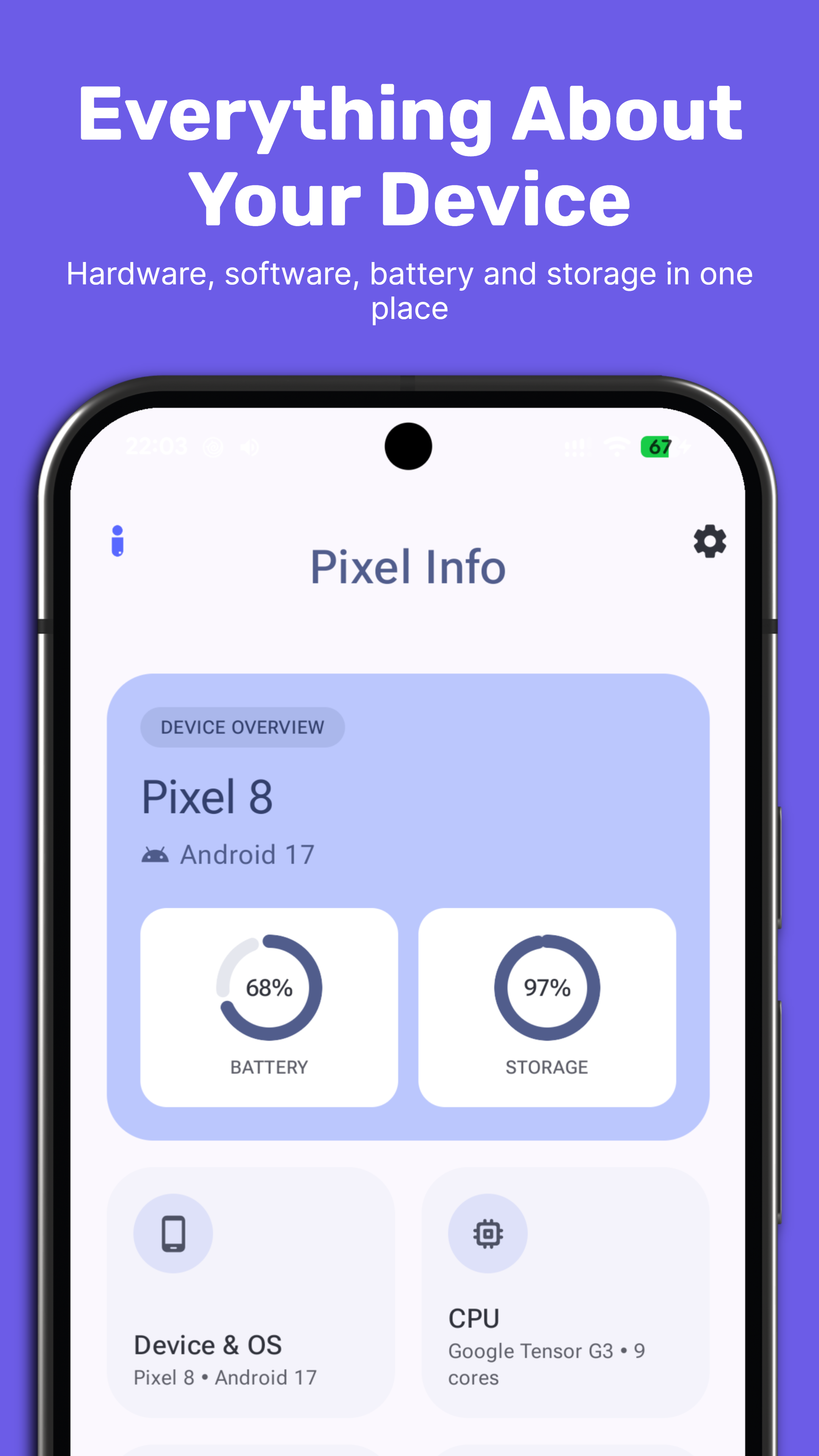 Pixel Info device overview screen showing model, Android version, battery, and storage at a glance