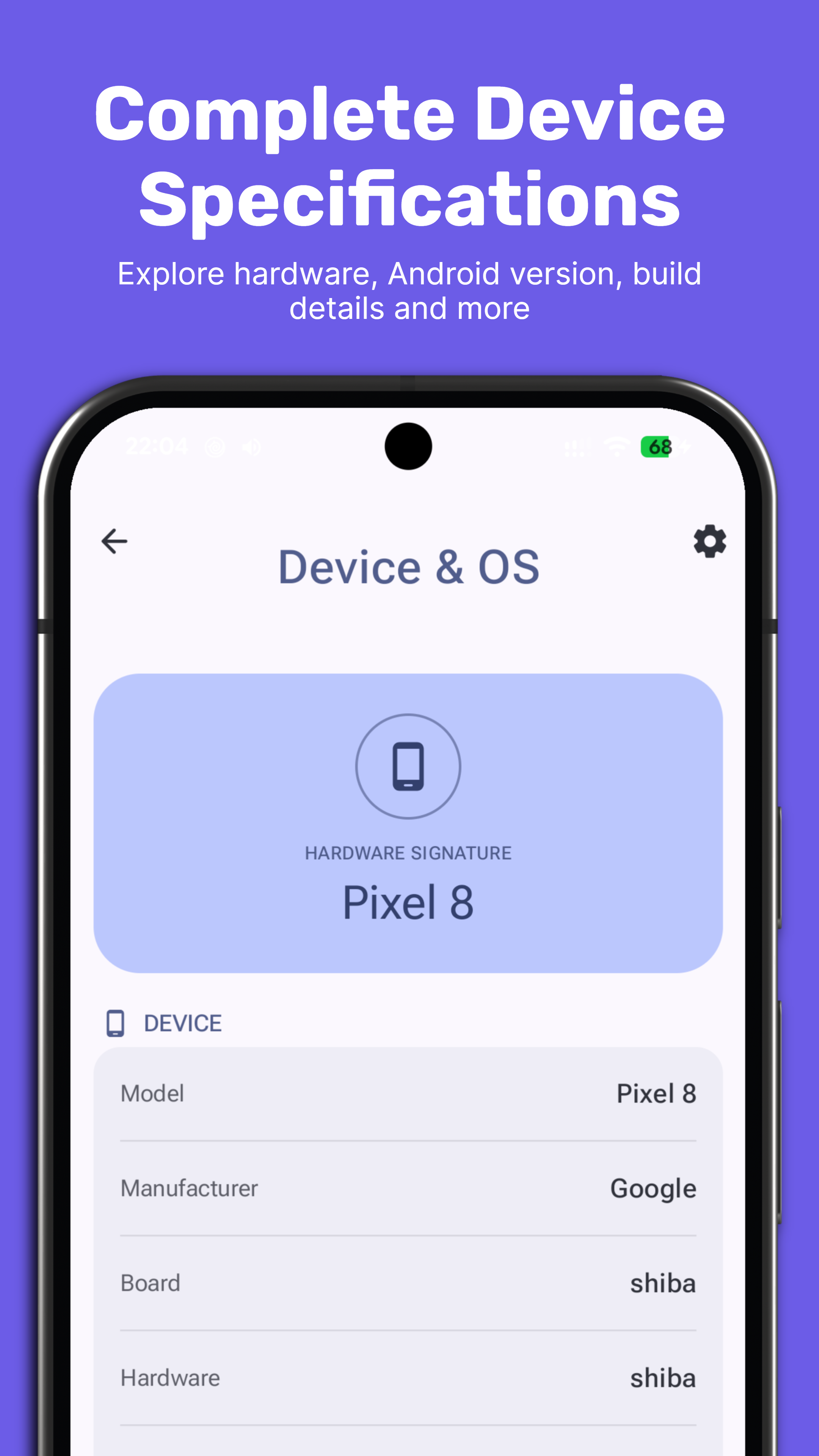 Pixel Info Device & OS screen listing model, manufacturer, board, and hardware details