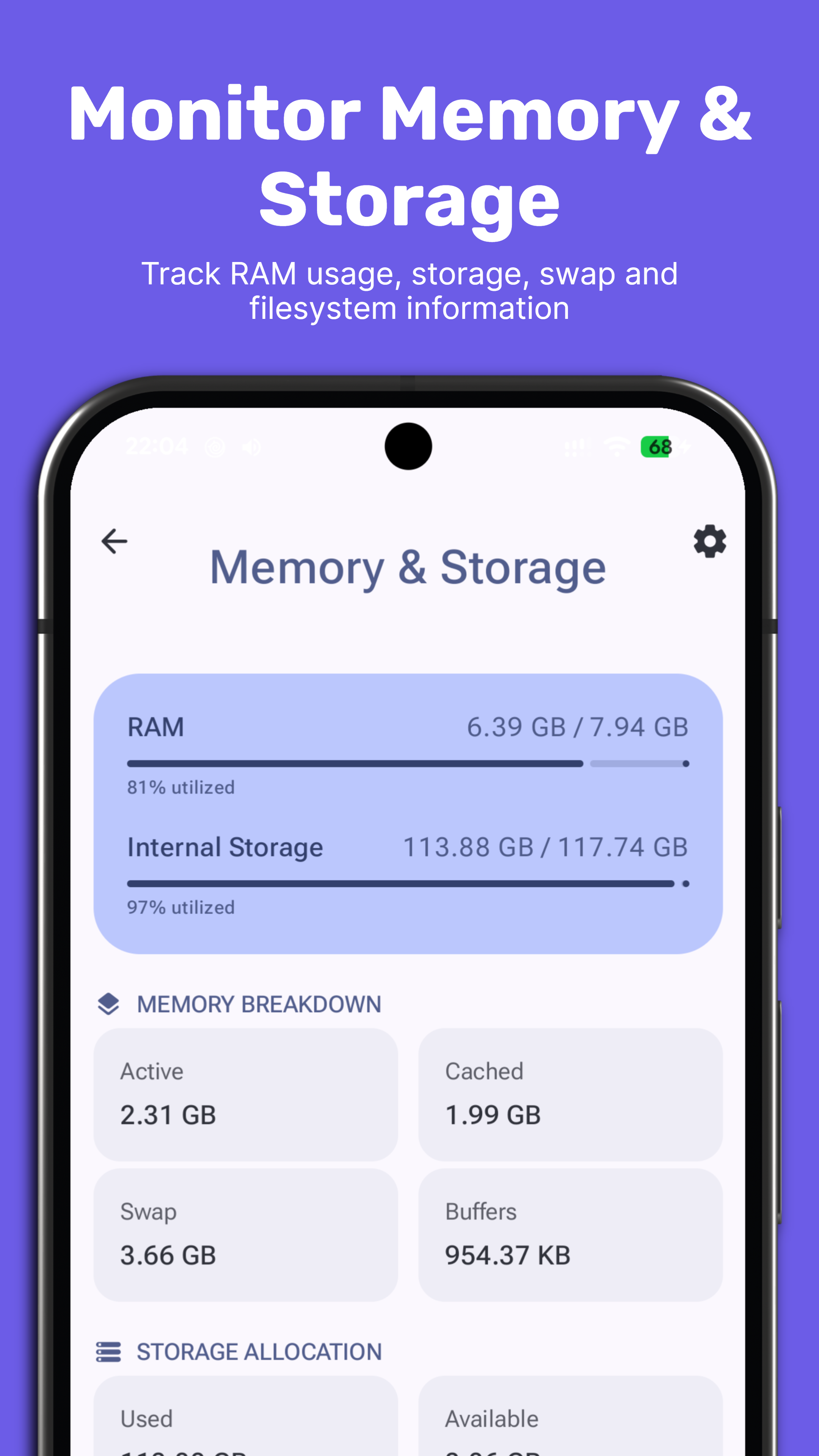 Pixel Info Memory & Storage screen showing RAM usage and internal storage breakdown
