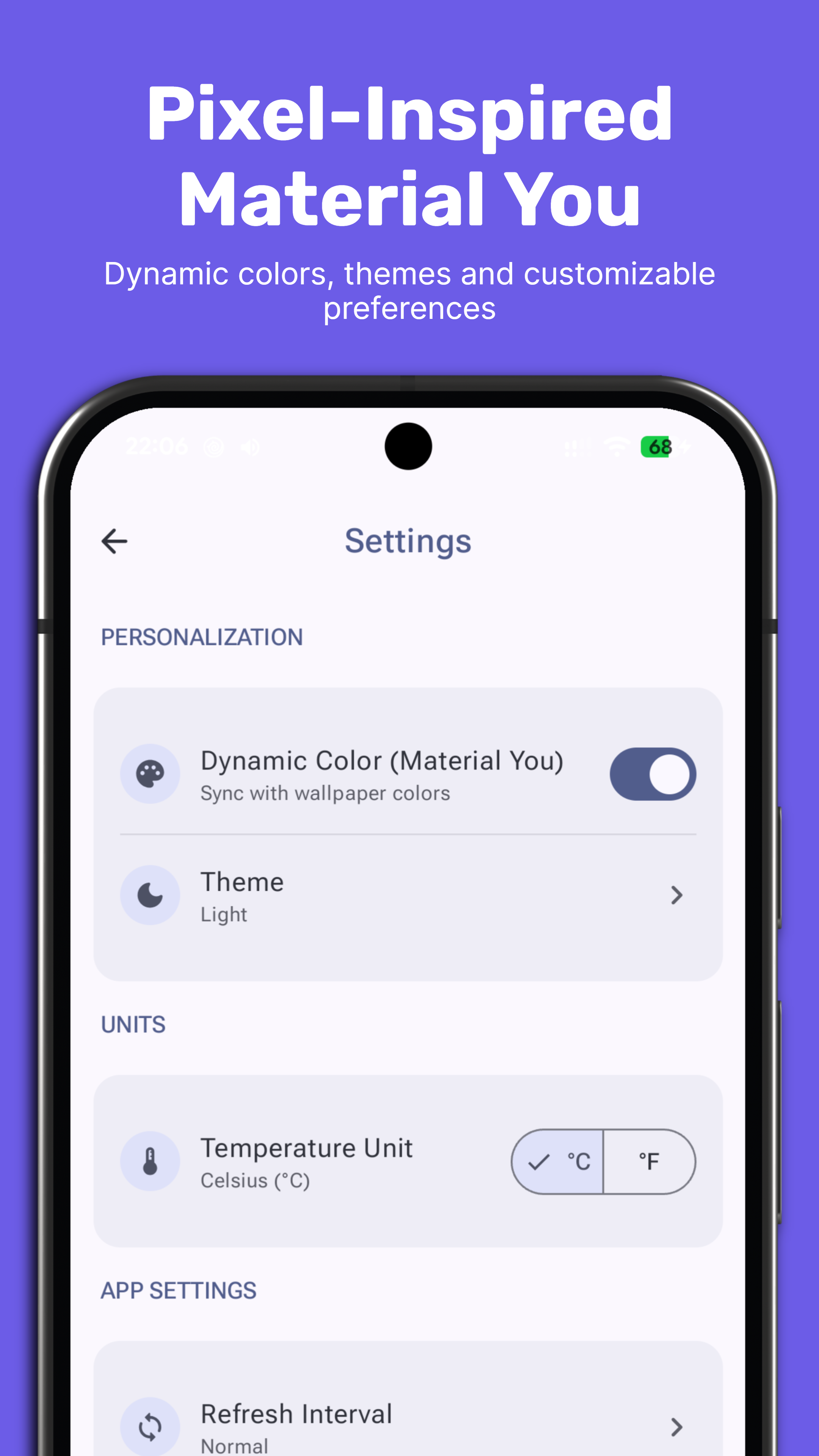 Pixel Info Settings screen with dynamic color, theme, and unit preferences
